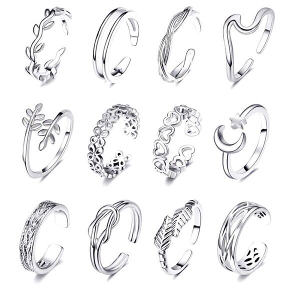 Silver Adjustable Open Toe Rings - Set of 12 - Picture 1 of 7